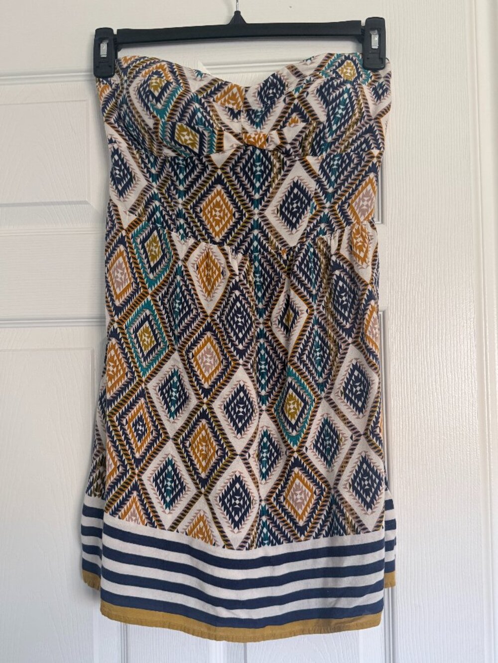Strapless Southwestern Geometric Print Mini Dress Sweetheart Striped Hem